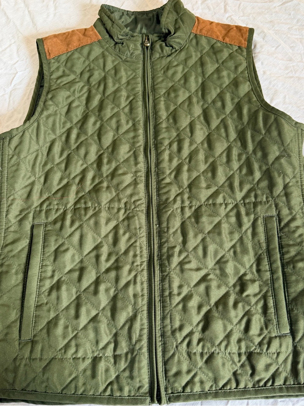 Quilted Olive Green Men's Vest with Brown Shoulder Panels